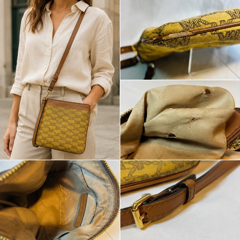 Michael Kors Crossbody Bag Yellow Monogram MK Logo Messenger Purse
